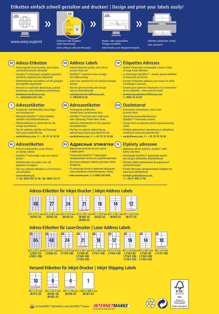 525 AVERY Zweckform Adressetiketten J8160-25 weiß 63,5 x 38,1 mm