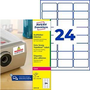 AVERY Zweckform Folien-Kraftklebe-Etiketten L6141-20 weiß 63,5 x 33,9 mm, 20 Blatt