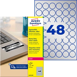 AVERY Zweckform Typenschildetiketten L6129-20 silber 30,0 x 30,0 mm, 20 Blatt