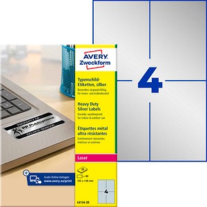 AVERY Zweckform Typenschildetiketten L6134-20 silber 105,0 x 148,0 mm, 20 Blatt