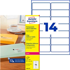 AVERY Zweckform Folien-Adressetiketten L7563-25 transparent 99,1 x 38,1 mm, 25 Blatt