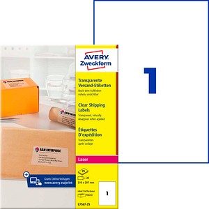 AVERY Zweckform Folien-Versandetiketten L7567-25 transparent 210,0 x 297,0 mm, 25 Blatt