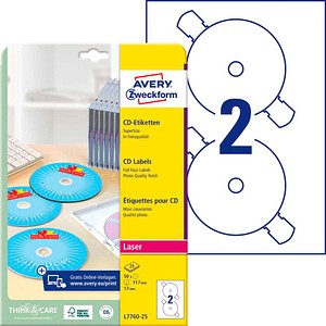 AVERY Zweckform CD-Etiketten L7760-25 weiß, 50 Etiketten