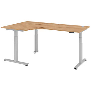 HAMMERBACHER VXDSM82 elektrisch höhenverstellbarer Schreibtisch asteiche L-Form, T-Fuß-Gestell silber 200,0 x 120,0 cm
