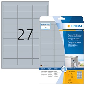 HERMA Typenschild-Etiketten 4592 silber 63,5 x 29,6 mm, 10 Blatt