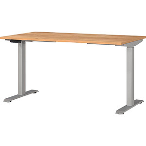 GERMANIA JET höhenverstellbarer Schreibtisch navarra-eiche rechteckig, T-Fuß-Gestell silber 140,0 x 80,0 cm