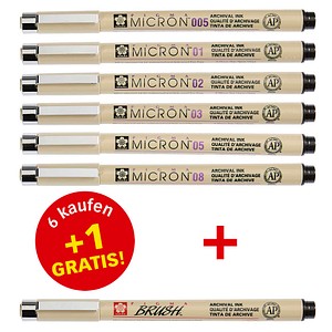 6 + 1 GRATIS: Sakura Pigma Micron Fineliner-Set schwarz, 6 St. + GRATIS Brush-Pen
