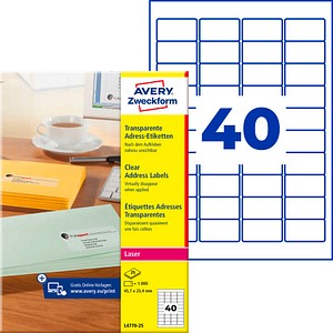 AVERY Zweckform Folien-Adressetiketten L4770-25 transparent 45,7 x 25,4 mm, 25 Blatt
