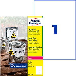 AVERY Zweckform wetterfeste Folienetiketten L4775-20 weiß 210,0 x 297,0 mm, 20 Blatt