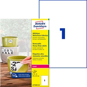 AVERY Zweckform wetterfeste Folienetiketten L4775REV-20 weiß 210,0 x 297,0 mm, 20 Blatt