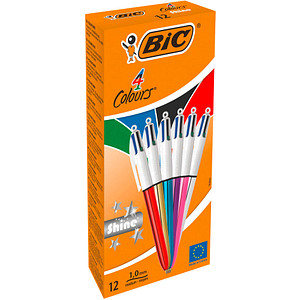 BIC 4-Farben-Kugelschreiber 4 Colours Shine farbsortiert, Schreibfarbe: blau, schwarz, rot, grün, 12 St.