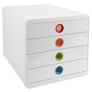 Exacompta Schubladenbox POP-BOX  weiß mit bunten Grifflöchern 314398D, DIN A4 mit 4 Schubladen, 1 St.
