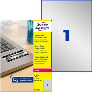 AVERY Zweckform Typenschildetiketten L6013-20 silber 210,0 x 297,0 mm, 20 Blatt