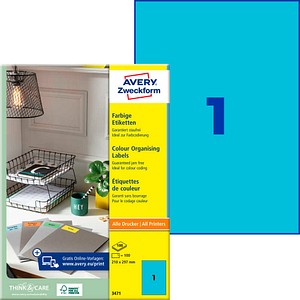 AVERY Zweckform Etiketten 3471 blau 210,0 x 297,0 mm, 100 Blatt