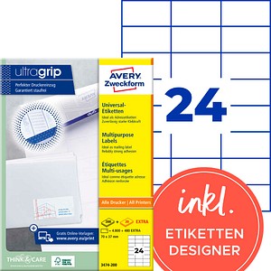 AVERY Zweckform Etiketten 3474-200 weiß 70,0 x 37,0 mm, 220 Blatt