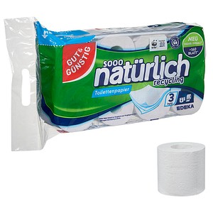 GUT&GÜNSTIG Toilettenpapier natürlich recycling 3-lagig Recyclingpapier, 8 Rollen