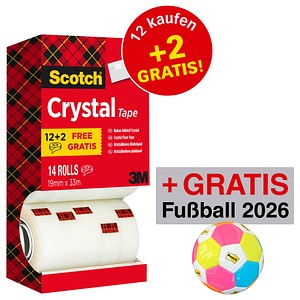 12 + 2 GRATIS: Scotch Crystal Klebefilm kristall-klar 19,0 mm x 33,0 m 12 Rollen + GRATIS 2 Rollen + GRATIS Fußball 2026