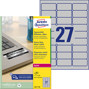 AVERY Zweckform Typenschildetiketten L6011-100 silber 63,5 x 29,6 mm, 100 Blatt