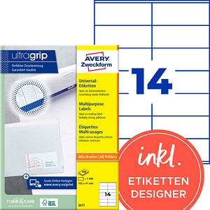AVERY Zweckform Etiketten 3477 weiß 105,0 x 41,0 mm, 100 Blatt