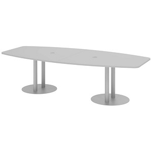 HAMMERBACHER Konferenztisch KT28S lichtgrau Tonnenform, Rundrohr silber, 280,0 x 85,0 - 130,0 x 74,0 cm