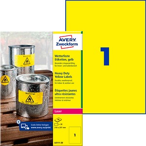 AVERY Zweckform wetterfeste Folienetiketten L6111-20 gelb 210,0 x 297,0 mm, 20 Blatt