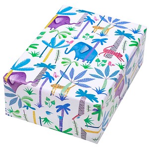 JUNG SCHÖNER VERPACKEN Geschenkpapier Tamtam Dschungel-Design mit Elefanten, Tigern & Vögeln mehrfarbig, 20,0 m