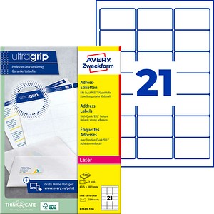 AVERY Zweckform Adressetiketten L7160-100 weiß 63,5 x 38,1 mm, 100 Blatt