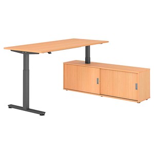 HAMMERBACHER VXMST19SB elektrisch höhenverstellbarer Schreibtisch buche rechteckig, T-Fuß-Gestell grau 180,0 x 80,0 cm