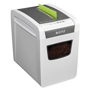 LEITZ IQ Home Office Slim Aktenvernichter mit Partikelschnitt P-4, 4 x 28 mm, bis 10 Blatt, weiß