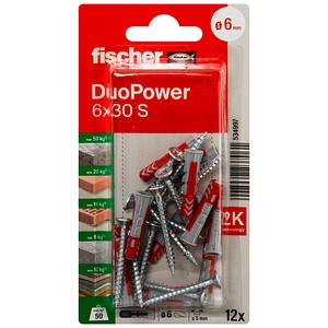 fischer DuoPower 6x30 S 2K 534997 Dübel mit Schrauben Ø 6 mm x 30 mm, 12 St.