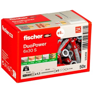 fischer DuoPower 6x30 S 2K Dübel mit Schrauben Ø 6 mm x 30 mm, 50 Stück