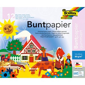 folia Buntpapier gummiert farbsortiert 80 g/qm 12 Blatt folia Buntpapier gummiert farbsortiert 80 g/qm 12 Blatt