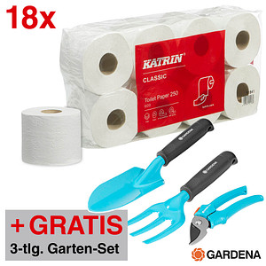AKTION: KATRIN Toilettenpapier CLASSIC 250 ECO 3-lagig 144 Rollen + GRATIS GARDENA Garten-Set 3-tlg. AKTION: KATRIN Toilettenpapier CLASSIC 250 ECO 3-lagig 144 Rollen + GRATIS GARDENA Garten-Set 3-tlg.