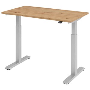 HAMMERBACHER XMST612 elektrisch höhenverstellbarer Schreibtisch asteiche rechteckig, T-Fuß-Gestell silber 120,0 x 67,2 cm