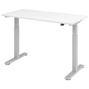 HAMMERBACHER XMST614 elektrisch höhenverstellbarer Schreibtisch weiß rechteckig, T-Fuß-Gestell silber 140,0 x 67,2 cm