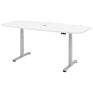 HAMMERBACHER Konferenztisch XDSM22 weiß Tonnenform, T-Fuß-Gestell silber, 220,0 x 103,0 x 62,0 - 127,0 cm
