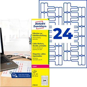 AVERY Zweckform Kabelbeschriftungs-Etiketten L7950-20 weiß 60,0 x 40,0 mm, 20 Blatt