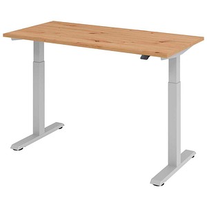 HAMMERBACHER XMST614 elektrisch höhenverstellbarer Schreibtisch asteiche rechteckig, T-Fuß-Gestell silber 140,0 x 67,2 cm
