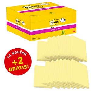 14 + 2 GRATIS: Post-it® Super Sticky Notes Haftnotizen extrastark gelb, 14 Blöcke + GRATIS 2 Blöcke