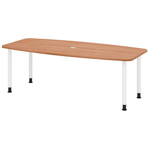 HAMMERBACHER Konferenztisch KT22C nussbaum Tonnenform, Rundrohr weiß, 220,0 x 83,0/103,0 x 72,0 - 74,0 cm