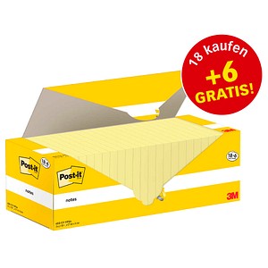 18 + 6 GRATIS: Post-it® Haftnotizen gelb, 18 Blöcke + GRATIS 6 Blöcke