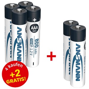 4 + 2 GRATIS: ANSMANN Akkus maxE Ni-MH Micro AAA 800 mAh, 4 St. + GRATIS 2 St.