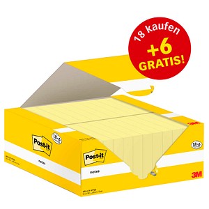 18 + 6 GRATIS: Post-it® Haftnotizen gelb, 18 Blöcke + GRATIS 6 Blöcke