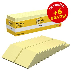 18 + 6 GRATIS: Post-it® Haftnotizen gelb, 18 Blöcke + GRATIS 6 Blöcke