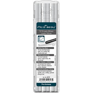 Pica Big Dry For All 6032 Bleistiftminen für Zimmermannsbleistift mit Druckmechanismus weiß 2B 2,0 - 5,0 mm, 12 St.