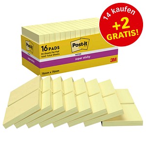 14 + 2 GRATIS: Post-it® Super Sticky Notes Haftnotizen extrastark 654 gelb, 14 Blöcke + GRATIS 2 Blöcke