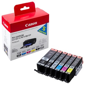 Canon PGI-550 PGBK + CLI-551 BK/C/M/Y/GY  2x schwarz, cyan, magenta, gelb, grau Druckerpatronen, 6er-Set