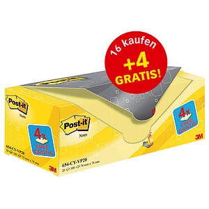 16 + 4 GRATIS: Post-it® Notes Haftnotizen gelb, 16 Blöcke + GRATIS 4 Blöcke