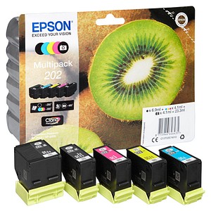 5 EPSON 202/T02E74 schwarz, Foto schwarz, cyan, magenta, gelb Tintenpatronen 5 EPSON 202/T02E74 schwarz, Foto schwarz, cyan, magenta, gelb Tintenpatronen