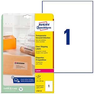 AVERY Zweckform Folien-Versandetiketten L7567-25 transparent 210,0 x 297,0 mm, 25 Blatt